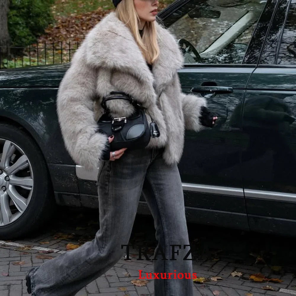 Giacca in pelliccia sintetica marrone con scollo a V per donna – Giacca lunga a maniche lunghe, stile casual elegante per l'autunno/inverno