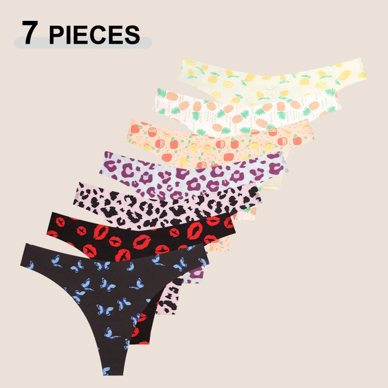 Set 7 pezzi perizomi donna in ice silk ultra sottile – G-string vita bassa con stampa farfalla/leopardato/frutta, lingerie comfort e sexy