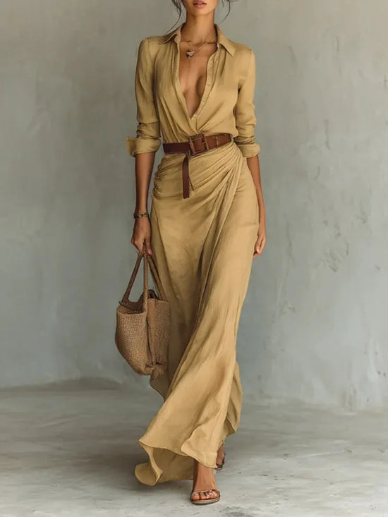 Vestito lungo donna 2025 ‒ abito elegante manica lunga con scollo profondo, cintura, taglio asimmetrico “irregular”, perfetto per party e occasioni speciali