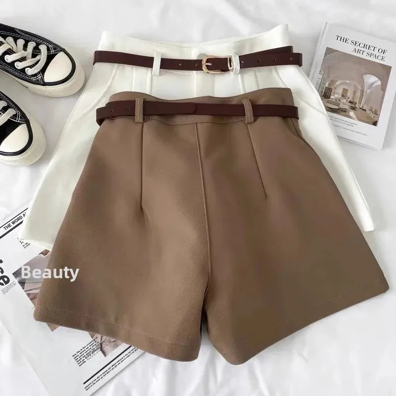 Pantaloncini donna vita alta stile coreano – gamba larga A‑line in cotone 2025