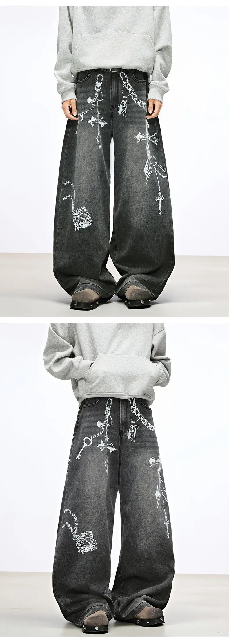 Jeans Baggy Unisex Neri con Stampa a Croce - immagine 13