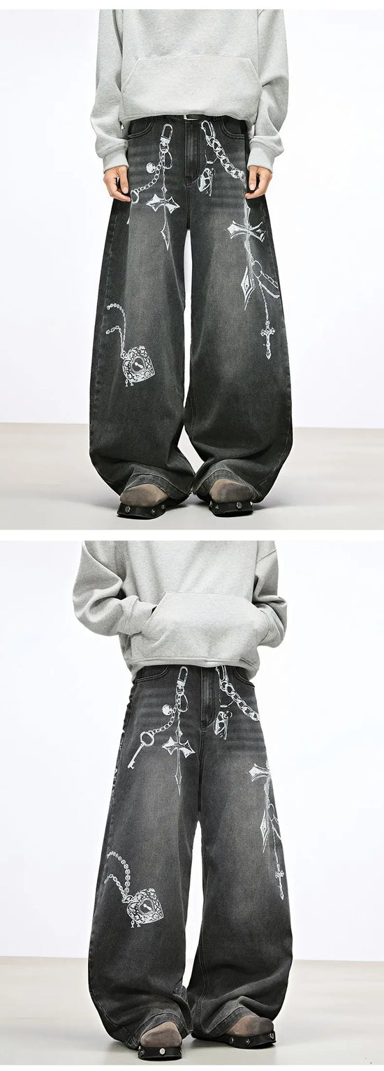 Jeans Baggy Unisex Neri con Stampa a Croce - immagine 13