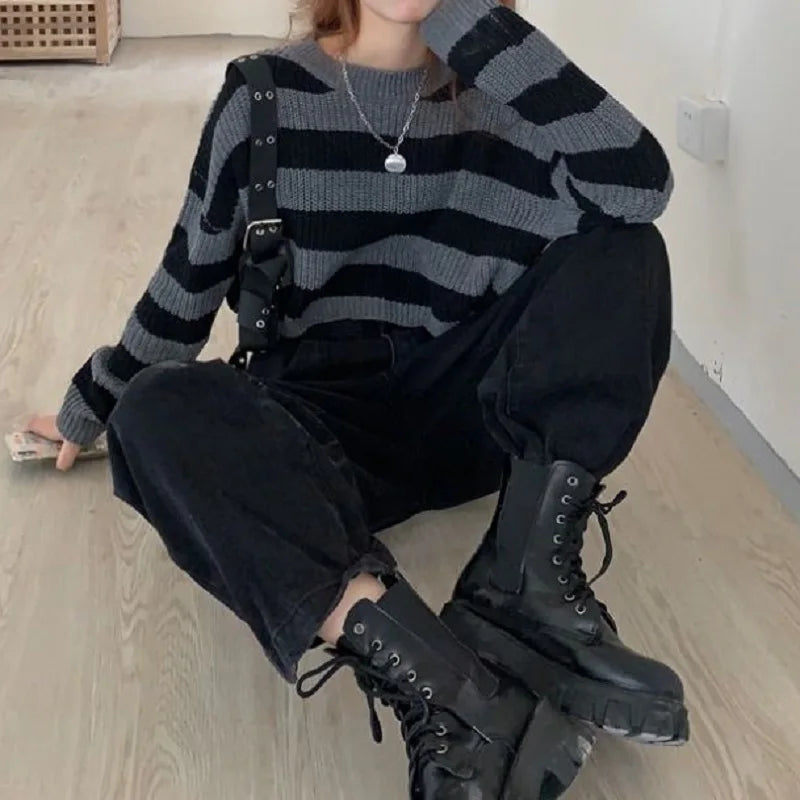 Pullover cropped a righe donna – Maglione oversize vintage a maniche lunghe, casual autunno / inverno