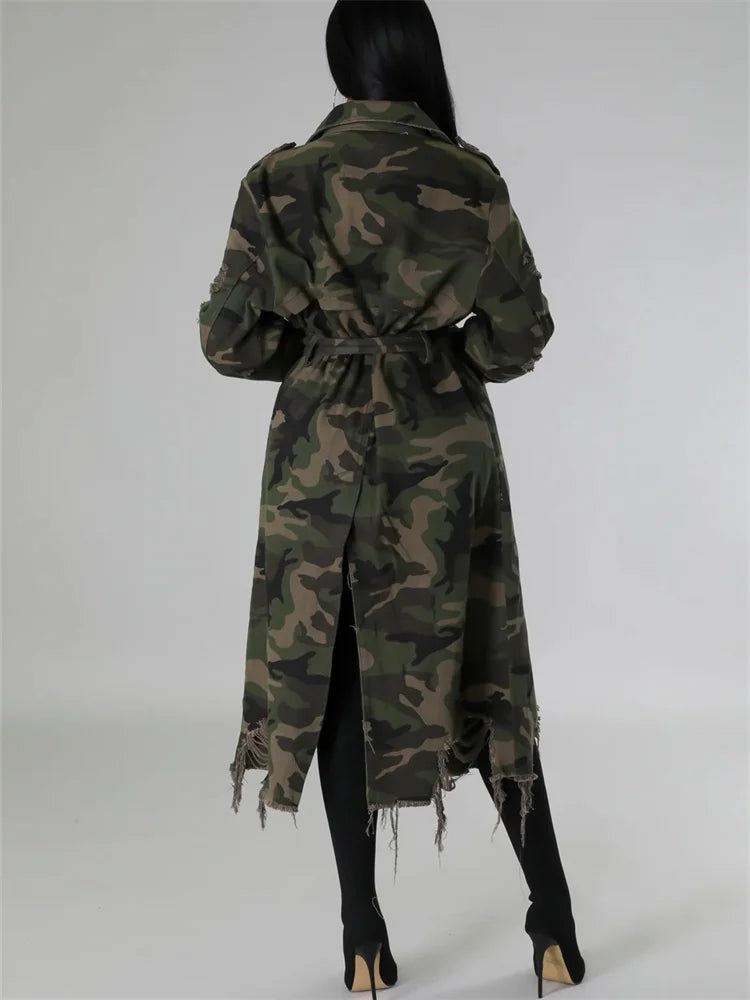 Trench camouflage oversize da donna | stile streetwear, lungo e ripped – taglie S-2XL