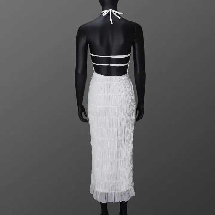 Abito Lungo Donna con Schiena Scoperta e Pieghe – Vestito Elegante Lotus Leaf 2026