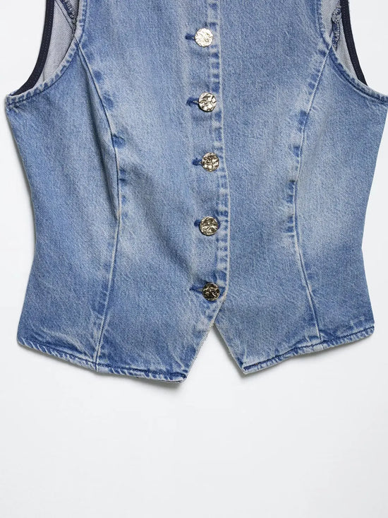 Set denim donna 2 pezzi 2025 – gilet con bottoni + jeans a vita alta wide-leg, look streetwear casual chic