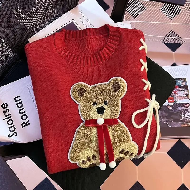 Pullover da donna – Maglione girocollo con orso, taglio loose knit autunno/inverno