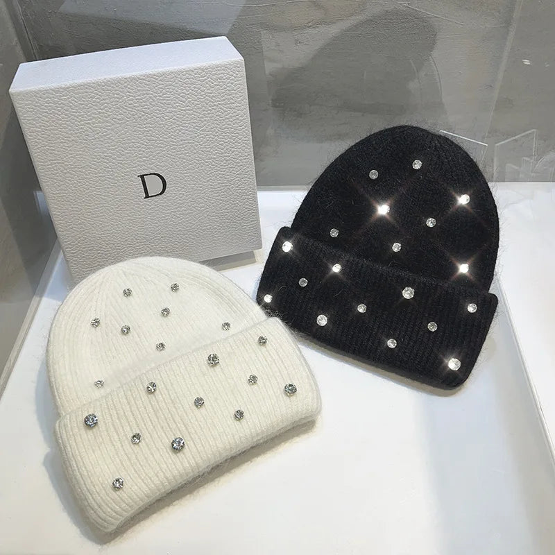 Cappello invernale con strass e pelliccia – Berretto a maglia con perline lucenti per donna, caldo e fashion