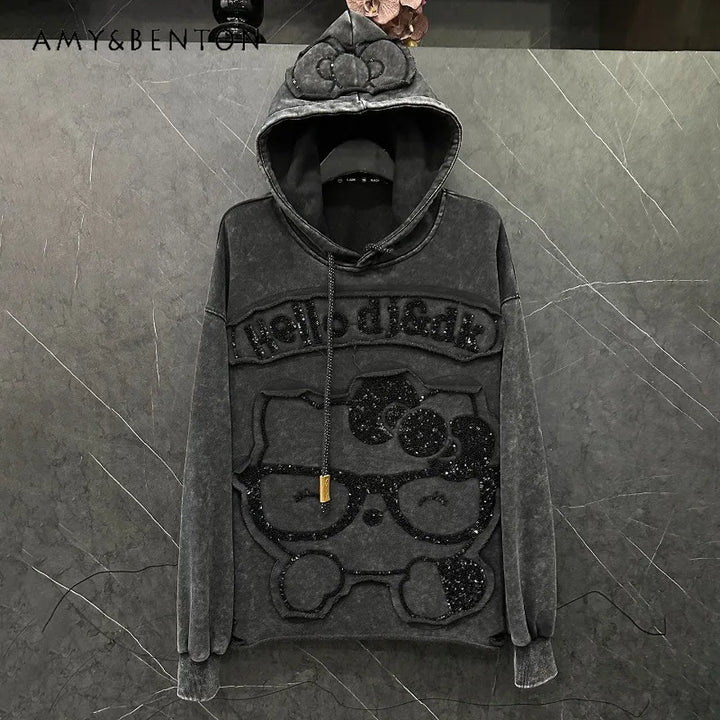 Felpa con cappuccio cartoon per donna – Stile casual oversize, dolce e versatile, ideale per l’autunno 2025