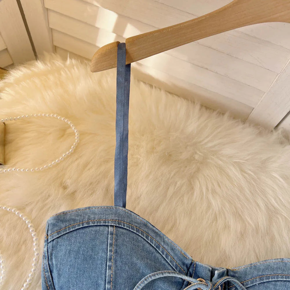 Top Denim Corsetto con Reggiseno Integrato – Crop Top Donna