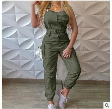 Jumpsuit cargo donna 2025 – tuta senza maniche con spalline sottili, tasche utility, look casual chic