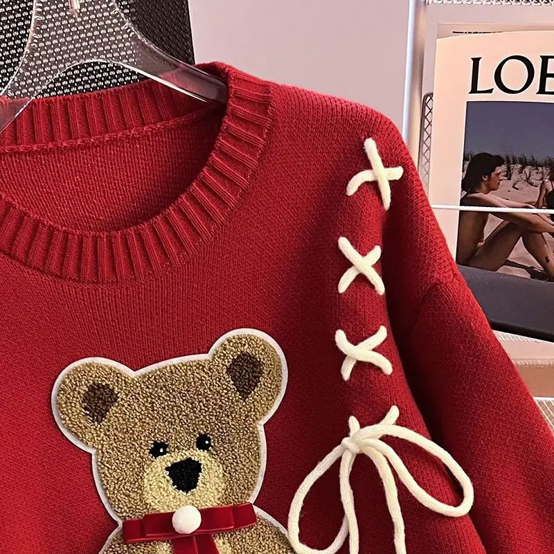 Pullover da donna – Maglione girocollo con orso, taglio loose knit autunno/inverno