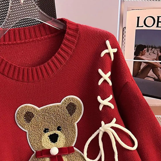 Pullover da donna – Maglione girocollo con orso, taglio loose knit autunno/inverno