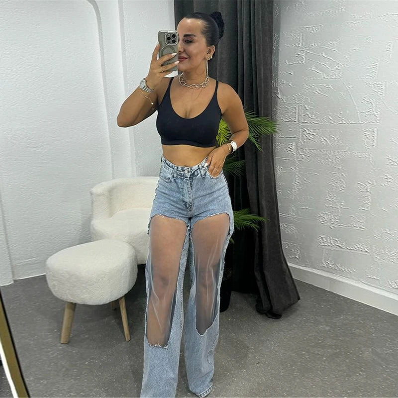 Jeans donna 2025 con pannelli mesh al ginocchio – denim hip-hop a vita alta, stile streetwear trasparente
