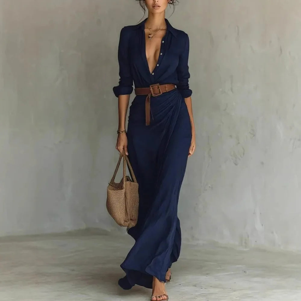 Vestito lungo donna 2025 ‒ abito elegante manica lunga con scollo profondo, cintura, taglio asimmetrico “irregular”, perfetto per party e occasioni speciali