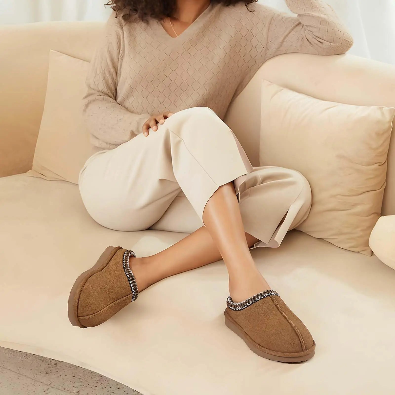 Slippers fuzzy donna 2025 in vera pelle scamosciata con memory foam – pantofole casa / outdoor antiscivolo inverno