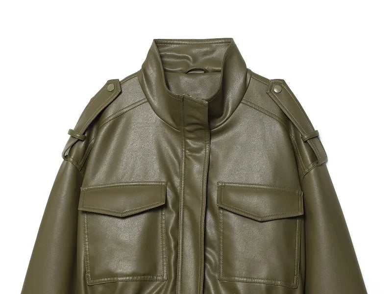 Giacca Bomber Donna Corta Effetto Pelle con Zip e Collo Alto