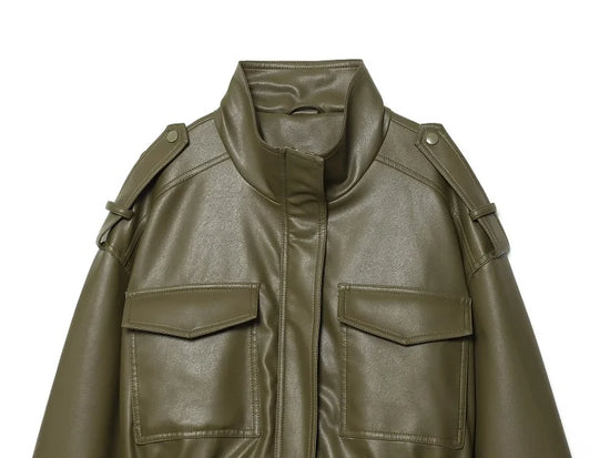 Giacca Bomber Donna Corta Effetto Pelle con Zip e Collo Alto