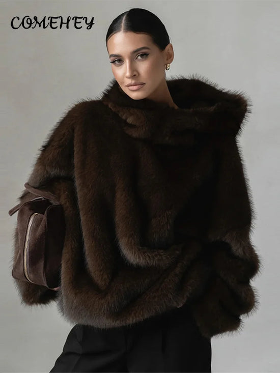 Felpa donna effetto pelliccia marrone con cappuccio