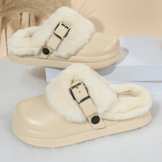 Women EVA Thick Sole Fur Slippers Closed Toe Fluffy Warm Home Slippers Woman Buckle Fashion Slip-on Cover Head Cotton Slippers