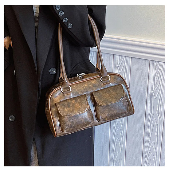 Borsa baguette donna retrò con doppie tasche frontali – trendy piccola underarm per il 2025