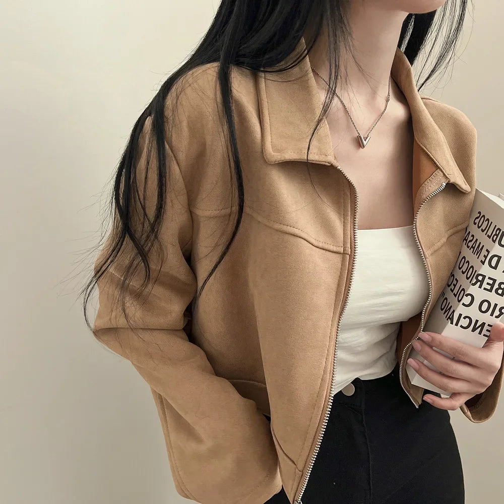 Giacca in pelle donna stile vintage – Giubbotto corto con zip, collo alla coreana, taglio slim fit, versatile e alla moda