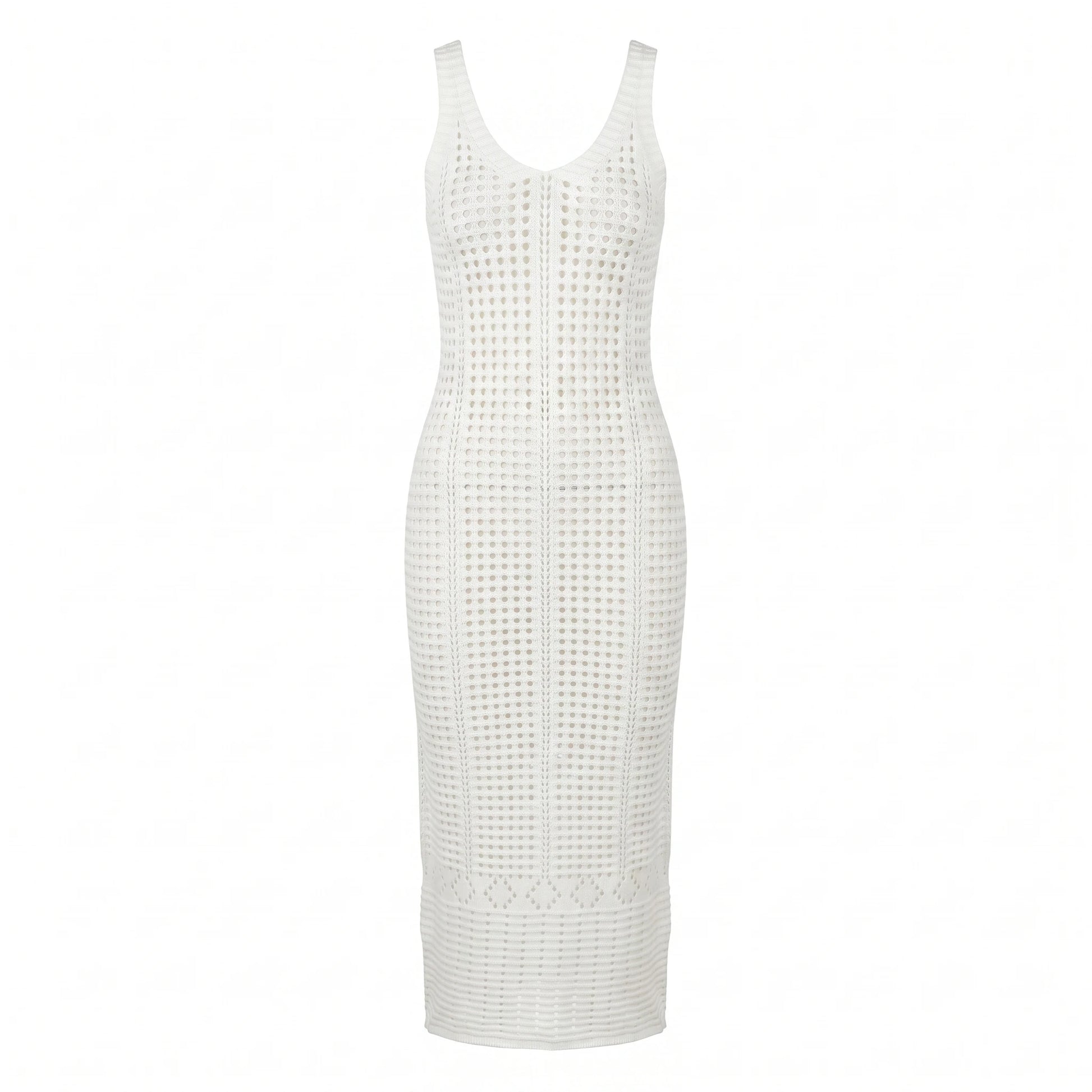 Abito Donna Effetto Crochet Traforato – Vestito Beige con Scollo a V