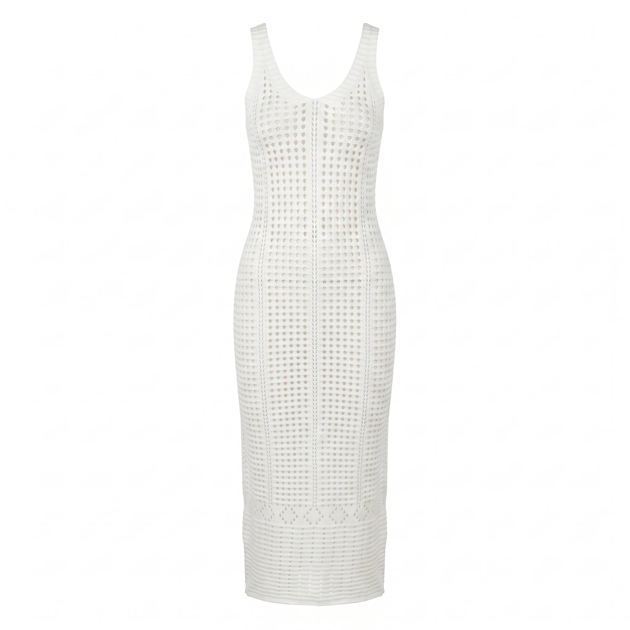 Abito Donna Effetto Crochet Traforato – Vestito Beige con Scollo a V