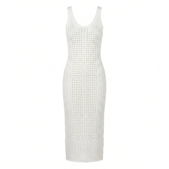 Abito Donna Effetto Crochet Traforato – Vestito Beige con Scollo a V
