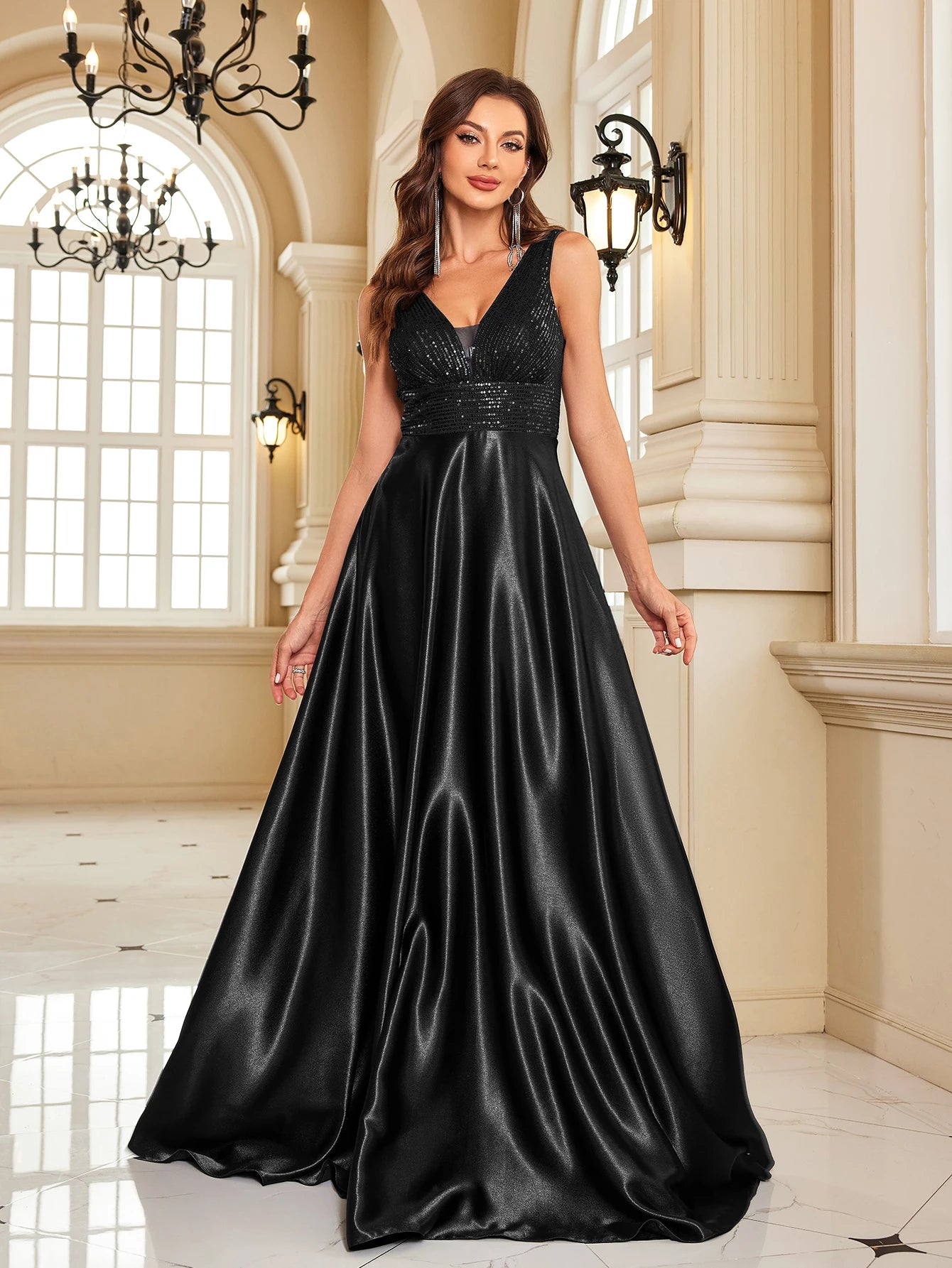 Abito Lungo Elegante Donna con Paillettes e Scollo V – Vestito Cerimonia Matrimonio