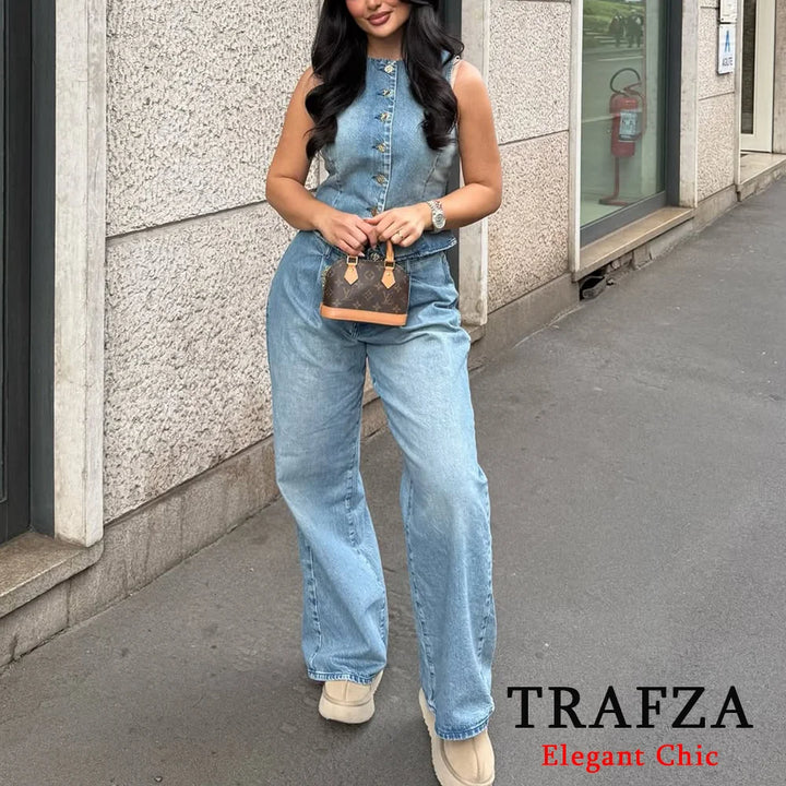 Set denim donna 2 pezzi 2025 – gilet con bottoni + jeans a vita alta wide-leg, look streetwear casual chic