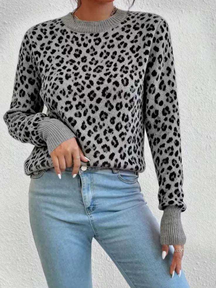 Maglione leopardato donna girocollo a maniche lunghe