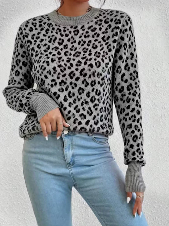 Maglione leopardato donna girocollo a maniche lunghe