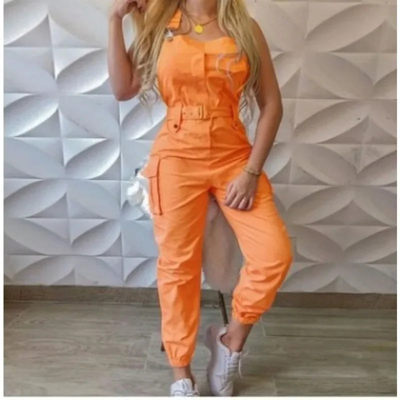 Jumpsuit cargo donna 2025 – tuta senza maniche con spalline sottili, tasche utility, look casual chic