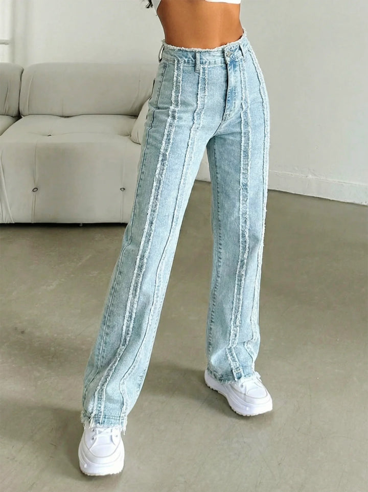Jeans Straight Leg Donna Snow Wash con Frange e Patchwork - dettaglio prodotto