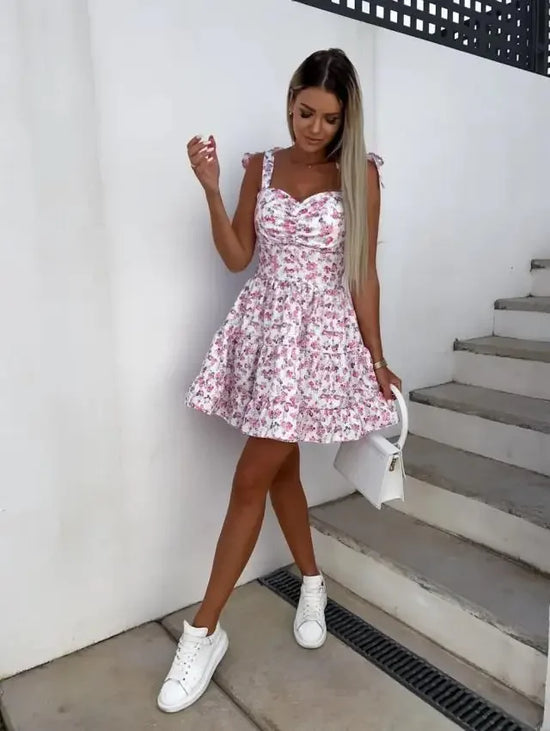 Abito mini estivo 2025 con stampa, scollo halter, spalline regolabili – Vestito donna fresco e unico