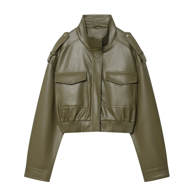 Giacca Bomber Donna Corta Effetto Pelle con Zip e Collo Alto