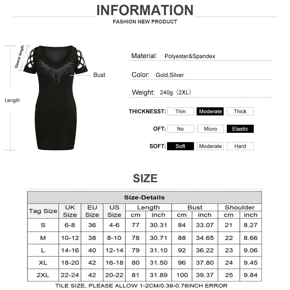 Mini Dress Bodycon Paillettes Donna – O‑Neck, Maniche Corte, Estate 2025