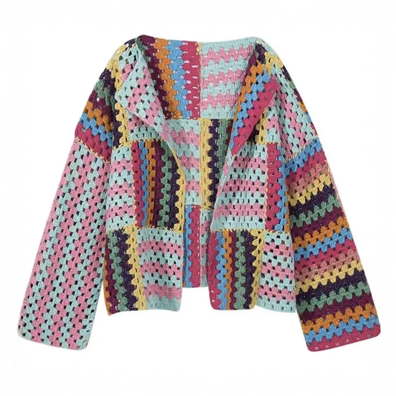 Cardigan crochet multicolore donna – Giacca traforata a righe arcobaleno, copertura leggera  e outfit boho