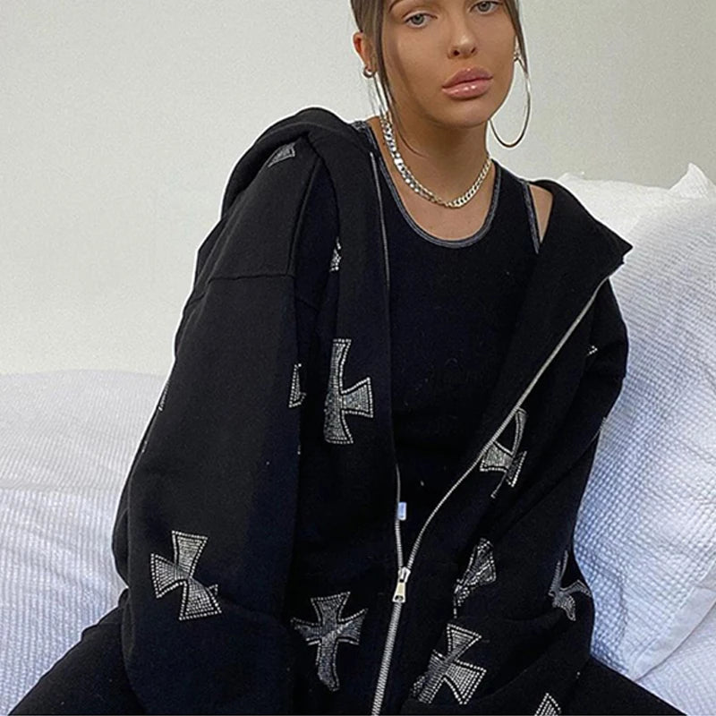 Felpa con cappuccio, zip e strass stile Y2K