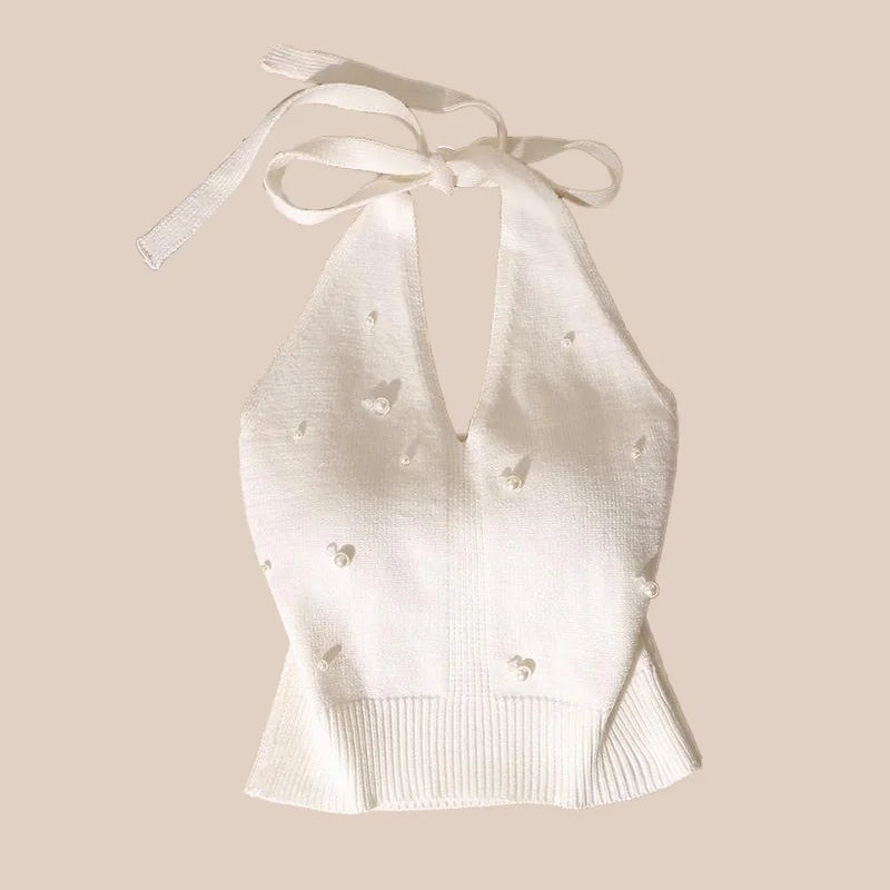 1pc Fashion French Beaded Halter Neck Tie Knot Backless Knitted Vest For Women