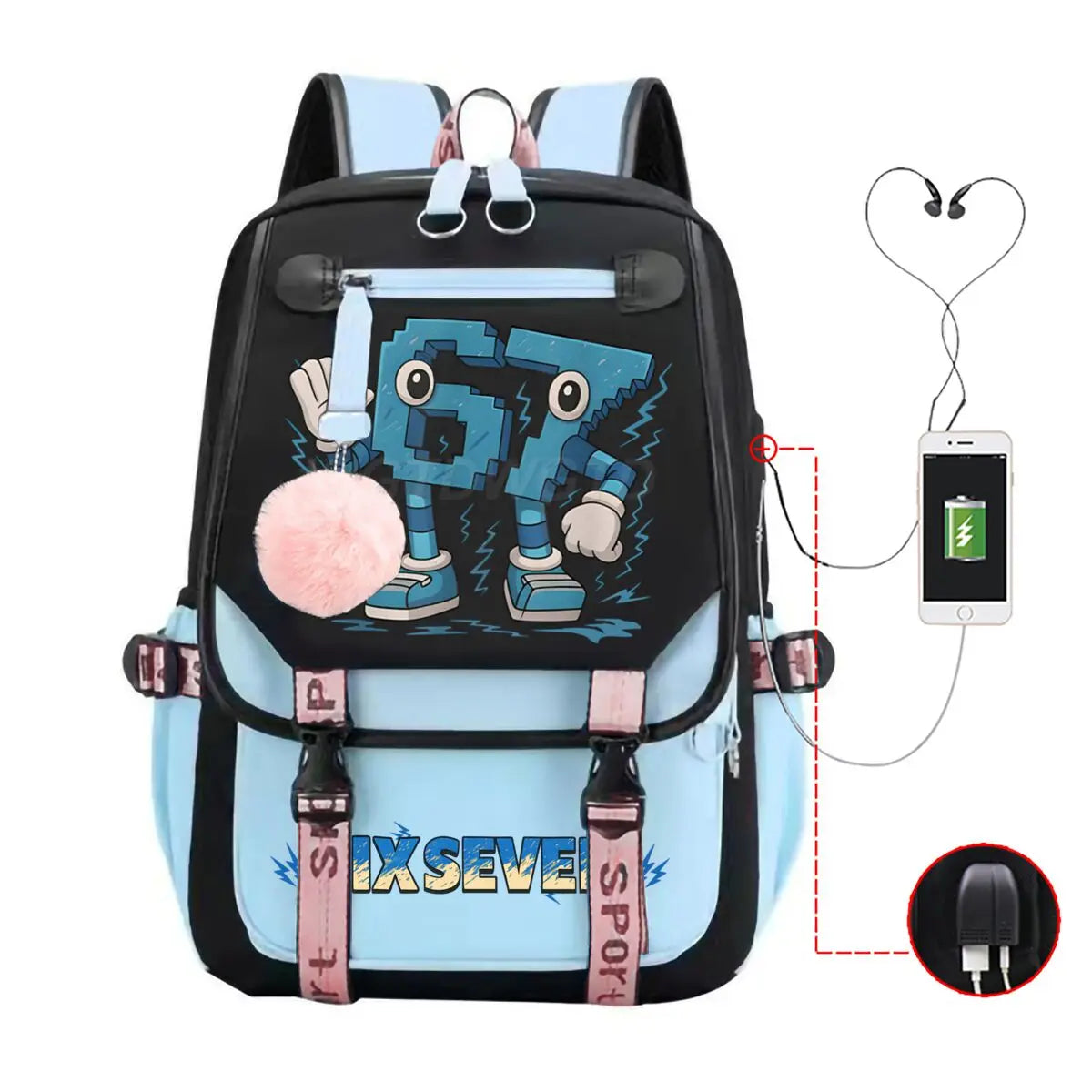 Cartoon Six Seven Italian Brainrot Funn Game Backpack College Girls Boys 67 Design Theme Back Pack Fashion USB Charging Bookbags