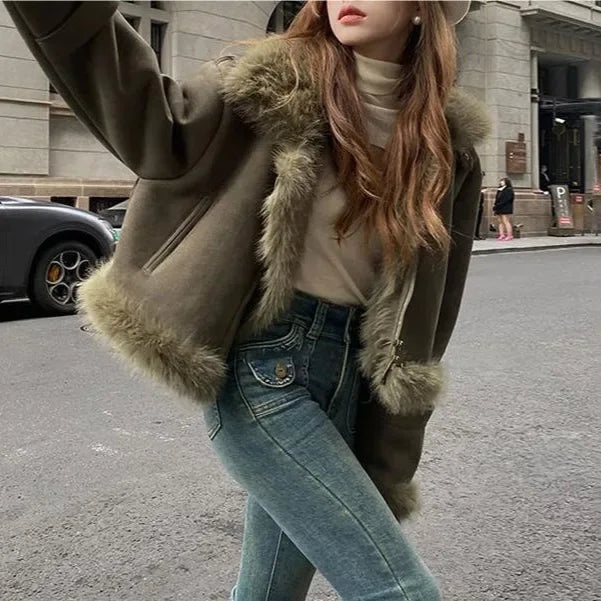 Giacca biker in pelle scamosciata donna con fodera in pelliccia sintetica – Cappotto corto casual slim fit per autunno e inverno