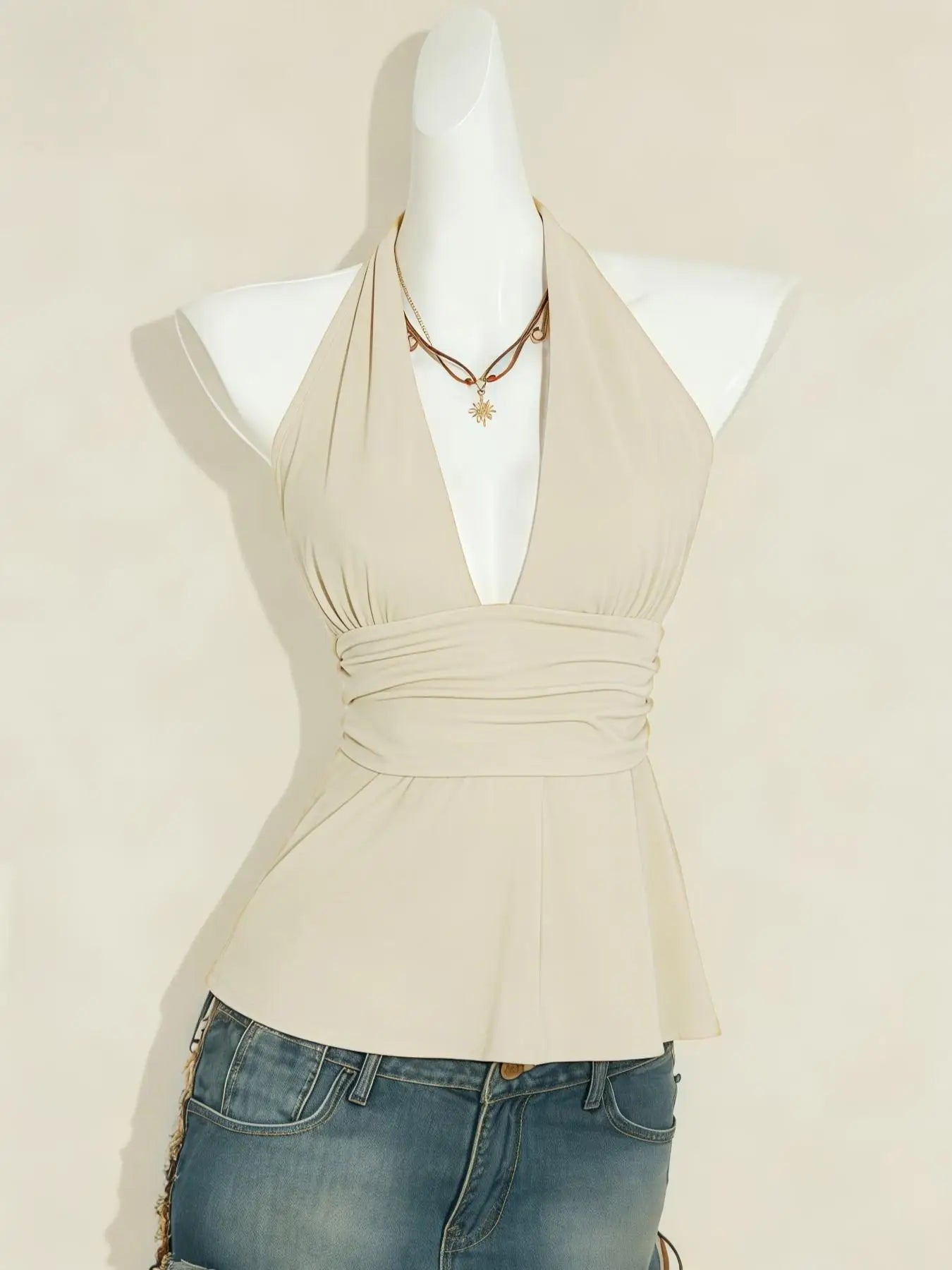 Women's Polka Dot Halter Top Sleeveless Deep V Neck Backless Tie Back Peplum Camisole for Summer