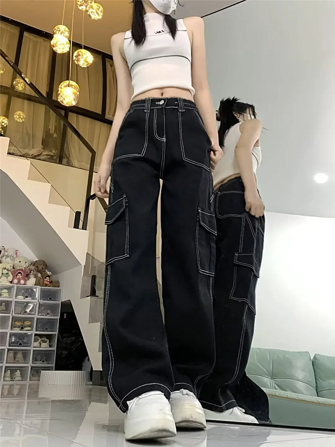 Jeans donna vita alta – Straight / loose fit a gamba dritta, cargo stile, effetto snellente per primavera/autunno