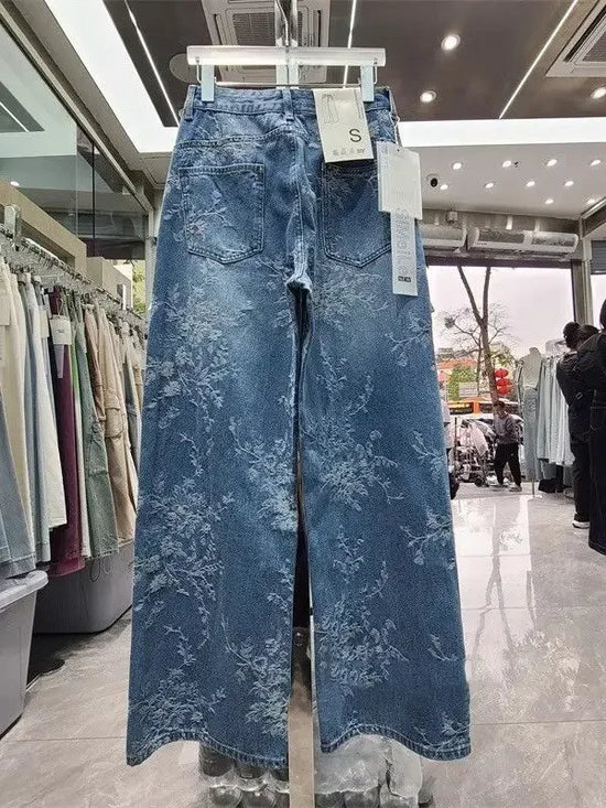 Jeans Wide Leg Donna a Vita Alta con Motivo Jacquard