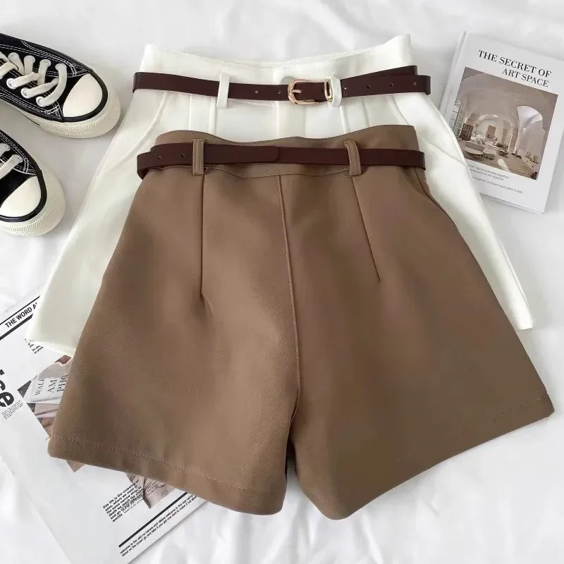 Pantaloncini donna vita alta stile coreano – gamba larga A‑line in cotone 2025