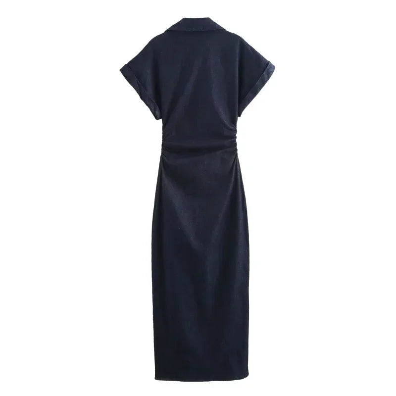 Vestito midi in denim “1975 Series” – abito donna con rever, zip laterale e vita effetto plissé