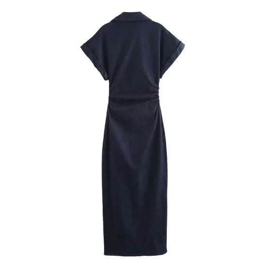 Vestito midi in denim “1975 Series” – abito donna con rever, zip laterale e vita effetto plissé