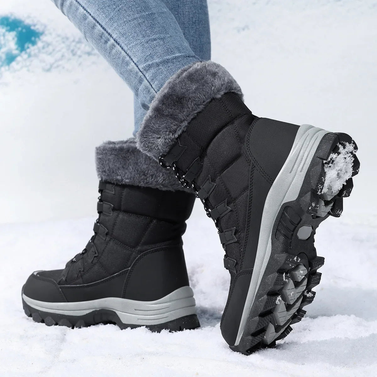Stivali donna invernali impermeabili con fodera in pile – boots outdoor lace-up hi-top per neve
